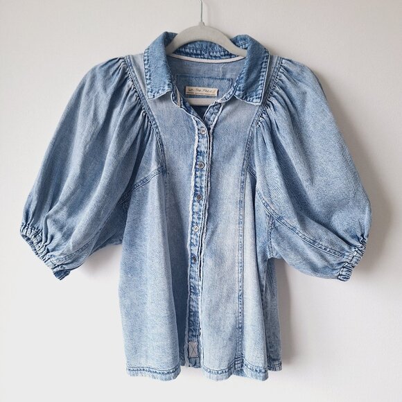 Free People Puffed-Sleeve Denim Shirt - Light Indigo - Picture 4 of 12
